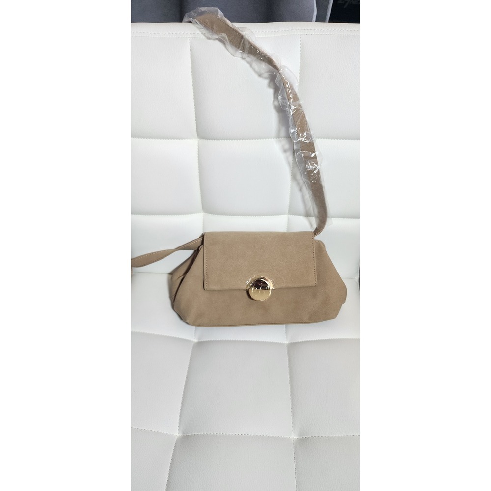 JustFab Tan Faux Suede Shoulder Bag Gold Turn Lock Closure Minimalist Handbag